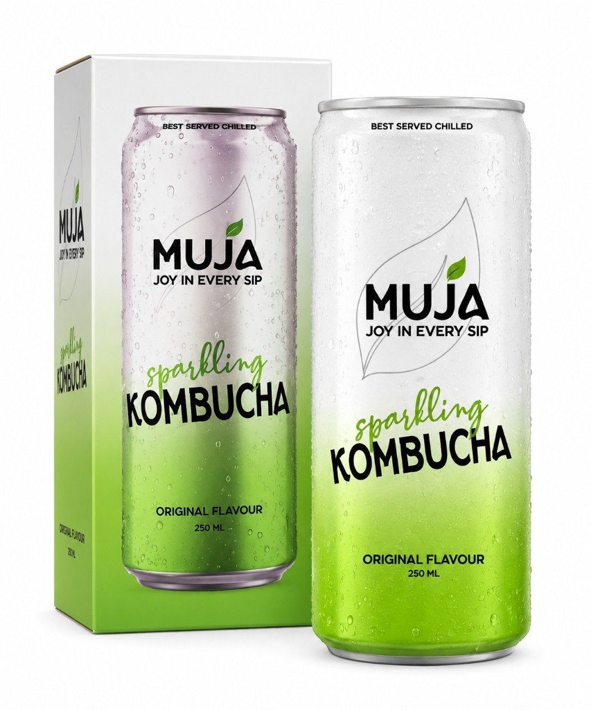 Muja Sparkling Kombucha beverage packaging