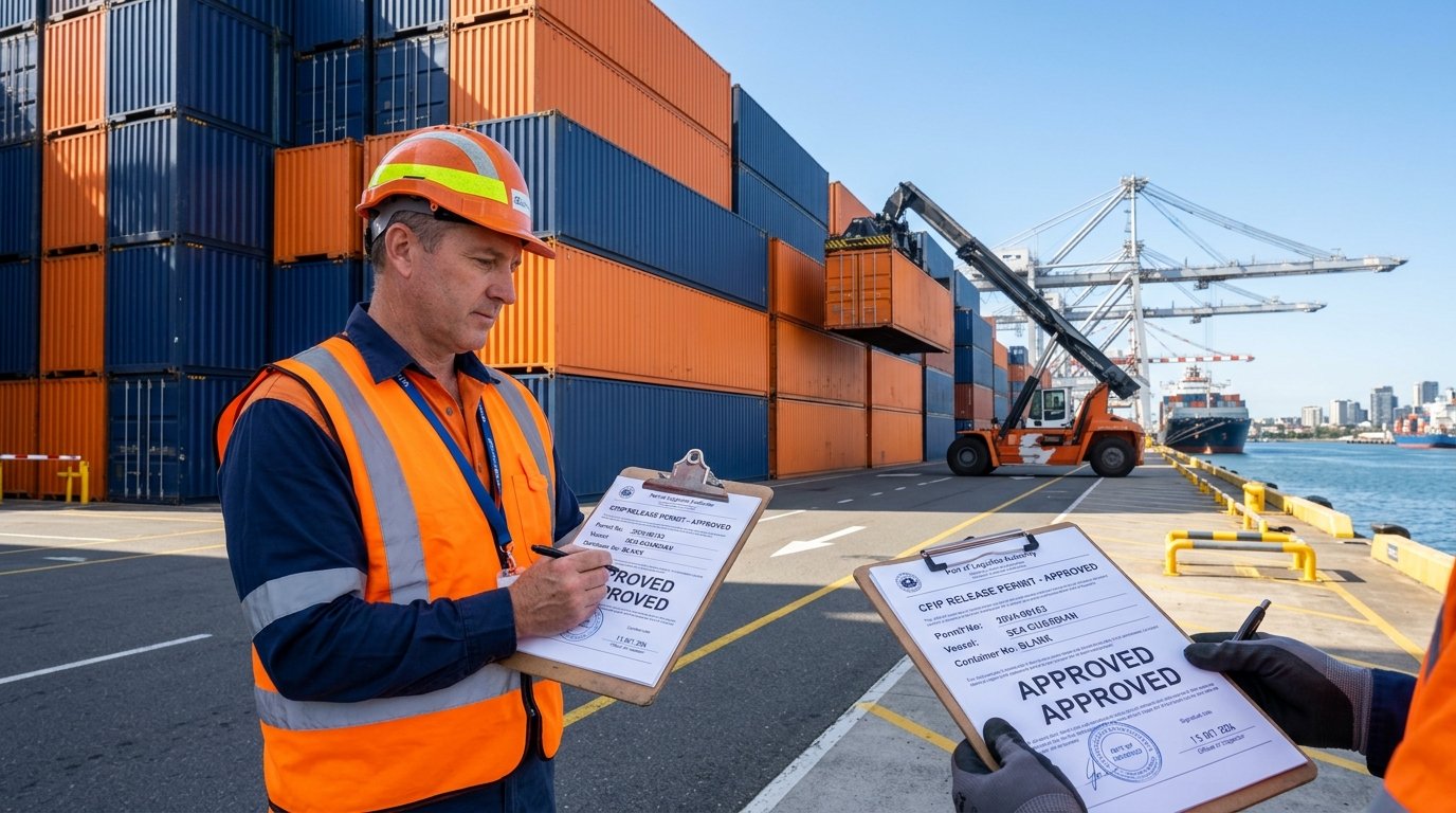 Port cargo containers undergoing rapid customs inspection and release