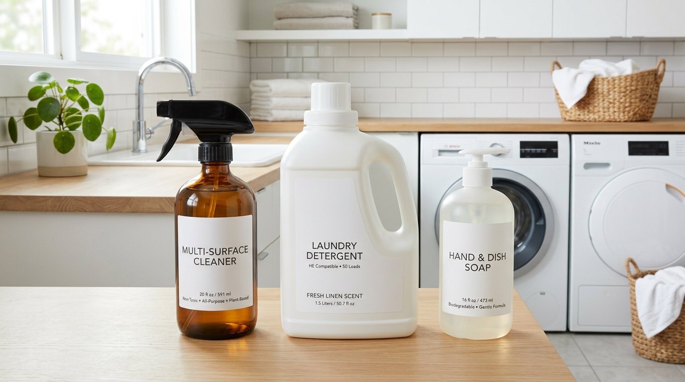 Household cleaning bottles, liquid detergents, and laundry packs
